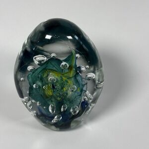 Vtg Paperweight Art Glass Green Blue Swirl Controlled‎ Bubbles 4.5" Hand Blown